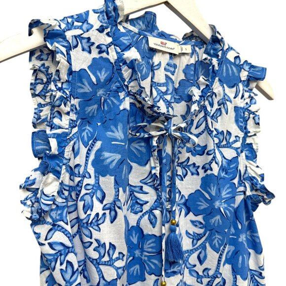 VINEYARD VINES Womens Top Size Small Blue White Floral Sleeveless Ruffle Blouse - Picture 7 of 8